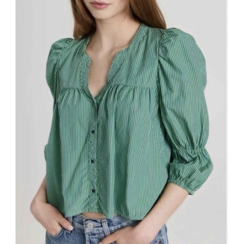 Nation LTD Geneva Striped Crop Top Womens XS Green Boho Cotton‎ Balloon Sleeve